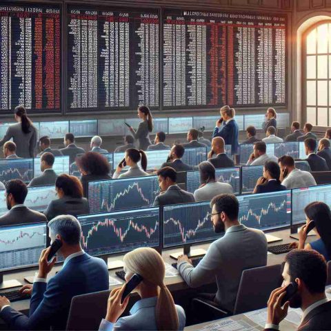 Please create a realistic, HD image showcasing the activity inside a stock exchange. Depict a room filled with traders busily watching screens that are displaying financial data charts. Show a multicultural, gender-diverse group of traders— a mix of Caucasian, Black, Hispanic, Middle-Eastern, South Asian, and White individuals, both male and female— intensely focussed on the stock market movements. Bulletin boards displaying encoded numbers can be seen in the background. A few traders are having heated discussions, while others are speaking into telephones or typing on their computers.