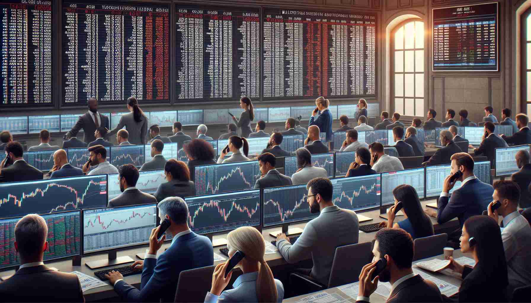 Please create a realistic, HD image showcasing the activity inside a stock exchange. Depict a room filled with traders busily watching screens that are displaying financial data charts. Show a multicultural, gender-diverse group of traders— a mix of Caucasian, Black, Hispanic, Middle-Eastern, South Asian, and White individuals, both male and female— intensely focussed on the stock market movements. Bulletin boards displaying encoded numbers can be seen in the background. A few traders are having heated discussions, while others are speaking into telephones or typing on their computers.