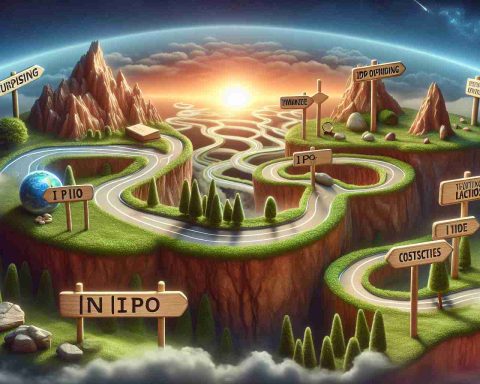 Realistic high definition image of a conceptual representation of a surprising journey of an Initial Public Offering (IPO) named 'InTime'. In this image, consider depicting elements like a winding pathway through various landscapes symbolizing the progression of the IPO, milestones labeled with business jargon to illustrate key points in the journey, and obstacles overcome along the way.