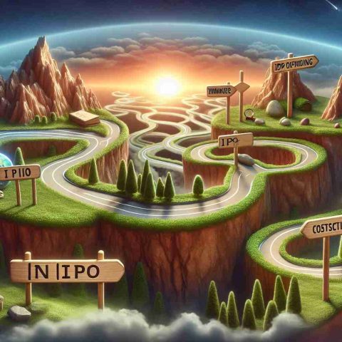 Realistic high definition image of a conceptual representation of a surprising journey of an Initial Public Offering (IPO) named 'InTime'. In this image, consider depicting elements like a winding pathway through various landscapes symbolizing the progression of the IPO, milestones labeled with business jargon to illustrate key points in the journey, and obstacles overcome along the way.