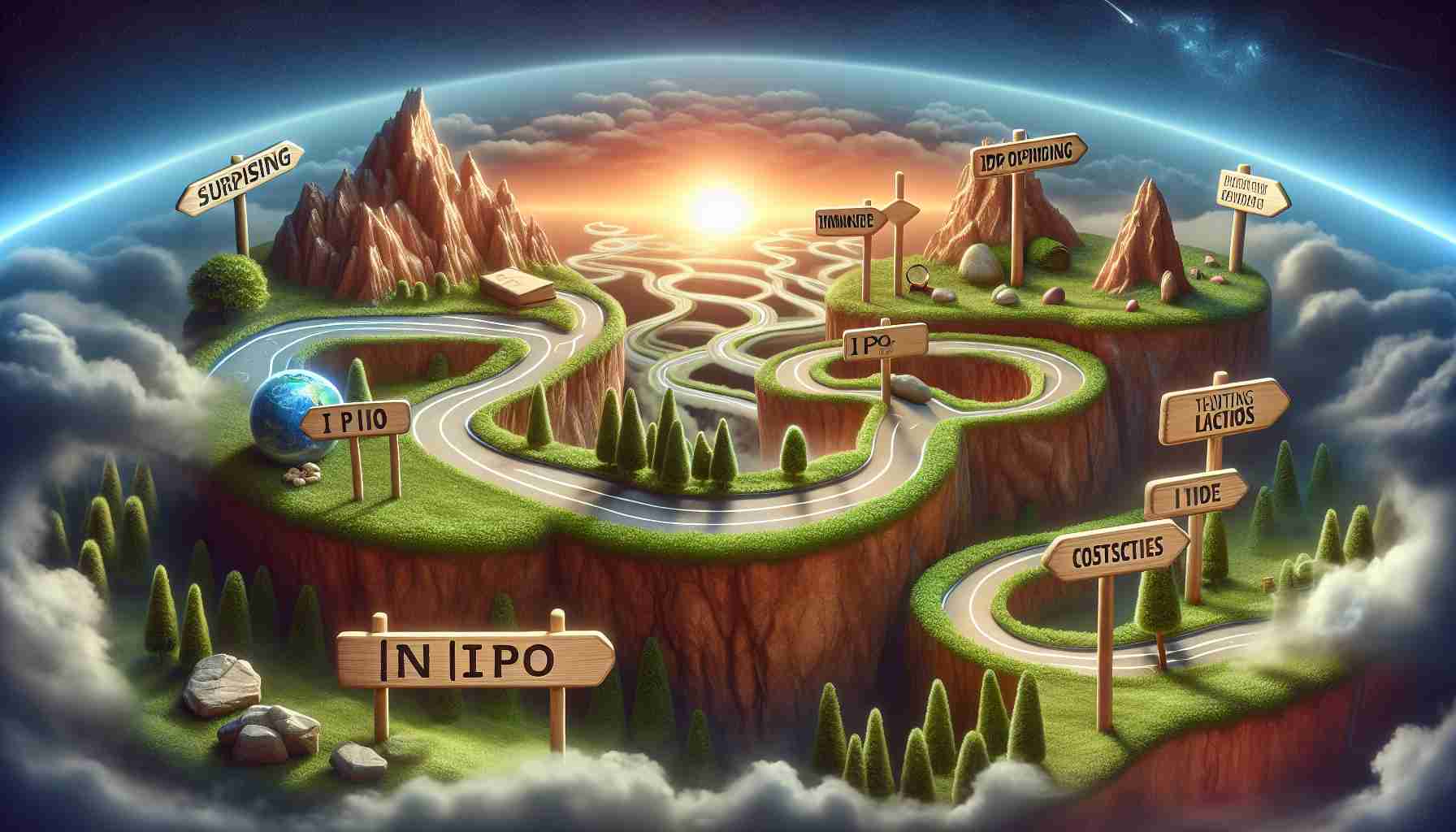 Realistic high definition image of a conceptual representation of a surprising journey of an Initial Public Offering (IPO) named 'InTime'. In this image, consider depicting elements like a winding pathway through various landscapes symbolizing the progression of the IPO, milestones labeled with business jargon to illustrate key points in the journey, and obstacles overcome along the way.