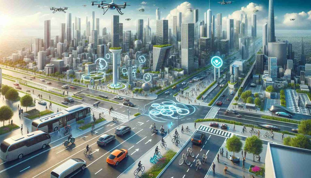 Visualize a detailed, realistic, high-definition image that encapsulates the future of urban mobility. This could include innovative transportation methods such as environmentally-friendly electric cars, self-driving vehicles, bike-sharing systems, and aerial drones for delivery. It should depict a bustling cityscape with advanced infrastructure, integrated technology, and a diverse set of people utilizing these advanced modes of travel. The scene will communicate a modern, clean, and technologically-advanced city which is efficiently handling the transportation needs of its inhabitants.