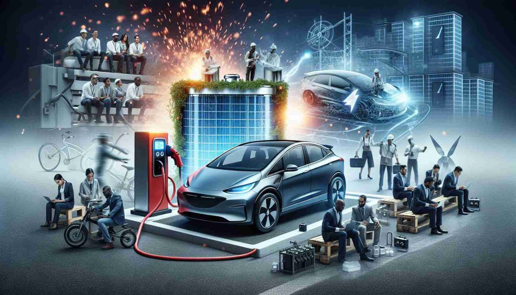 A detailed and high-definition depiction of the rising trend in the use of electric vehicles leading to advancements in fire safety. In the foreground, there's an image of an electric car plugged into a charging station. In the adjacent scene, there are people of Black, Caucasian, Hispanic and Middle-Eastern descents working as engineers, developing fire safety equipment. Overarching the scene are sparks symbolizing innovation, with the backdrop of a large electric battery showing the connection between electric vehicles and fire safety.