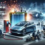 A detailed and high-definition depiction of the rising trend in the use of electric vehicles leading to advancements in fire safety. In the foreground, there's an image of an electric car plugged into a charging station. In the adjacent scene, there are people of Black, Caucasian, Hispanic and Middle-Eastern descents working as engineers, developing fire safety equipment. Overarching the scene are sparks symbolizing innovation, with the backdrop of a large electric battery showing the connection between electric vehicles and fire safety.