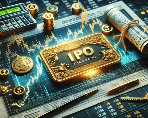 Realistic high-definition visualization of the concept of IPO being the golden ticket to wealth in the stock market. This can be portrayed by an elegantly crafted golden ticket marked with stock market symbols, placed on a background of a dynamic stock market chart illustrating upward growth, to symbolize the wealth potential. Extra elements such as a sophisticated desk with financial newspaper, a digital display of stock prices, calculator and coffee can add an atmospheric touch to represent an investor's workspace.