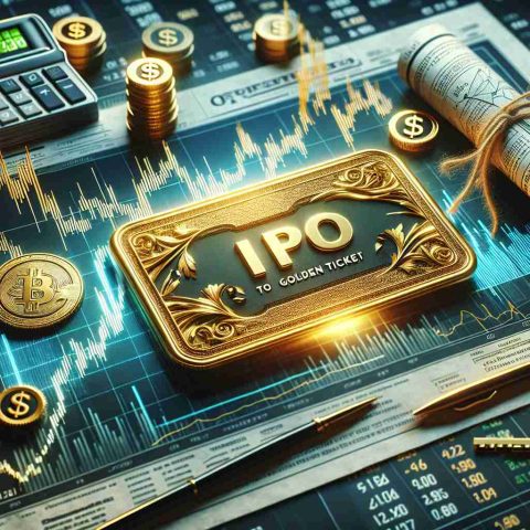 Realistic high-definition visualization of the concept of IPO being the golden ticket to wealth in the stock market. This can be portrayed by an elegantly crafted golden ticket marked with stock market symbols, placed on a background of a dynamic stock market chart illustrating upward growth, to symbolize the wealth potential. Extra elements such as a sophisticated desk with financial newspaper, a digital display of stock prices, calculator and coffee can add an atmospheric touch to represent an investor's workspace.