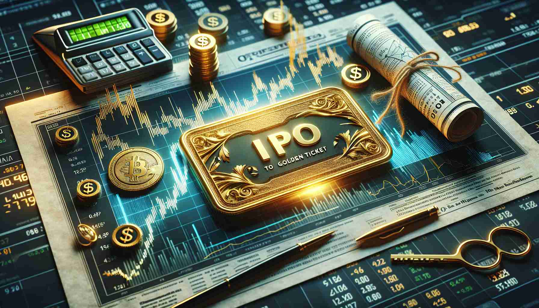 Realistic high-definition visualization of the concept of IPO being the golden ticket to wealth in the stock market. This can be portrayed by an elegantly crafted golden ticket marked with stock market symbols, placed on a background of a dynamic stock market chart illustrating upward growth, to symbolize the wealth potential. Extra elements such as a sophisticated desk with financial newspaper, a digital display of stock prices, calculator and coffee can add an atmospheric touch to represent an investor's workspace.