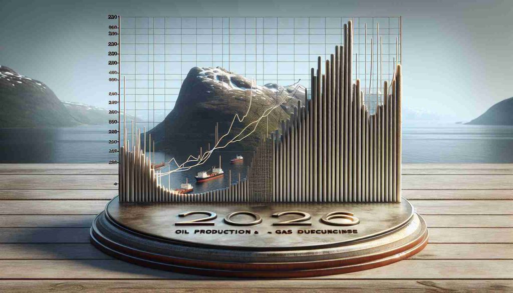 A high-definition, realistic image of a graph showcasing oil production surge and gas decline in Norway for the year 2026. The graph emphasizes the dramatic spike in oil production and simultaneous decrease in gas output. The base of the graph features the year 2026 clearly labeled, with vertical lines to show differences in oil and gas production. The backdrop portrays a subtle imprint of a Norwegian fjord, signifying the country of Norway.