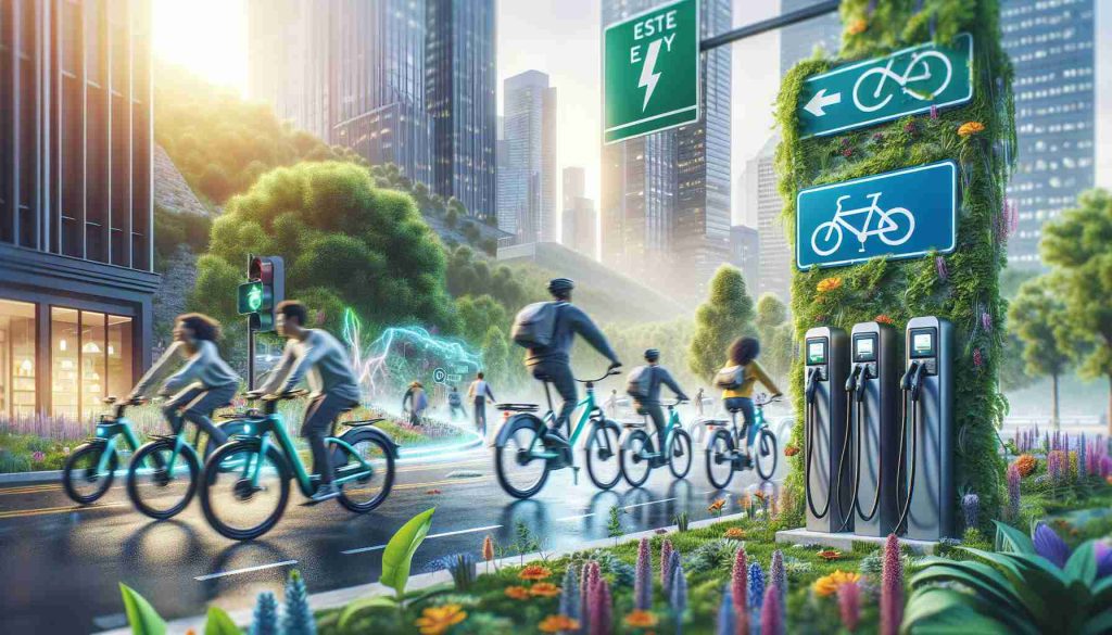 Generate a realistic, high-definition image that visually communicates the growing trend of sustainable transportation via electric bicycles. The scene can feature a variety of electric bicycles zooming through a city landscape with visible charging stations scattered around. Street signs promoting eco-friendly transport, pedestrians marveling at these bikes, and a vibrant, lush environment symbolizing the positive impact on nature could also be part of the scene.