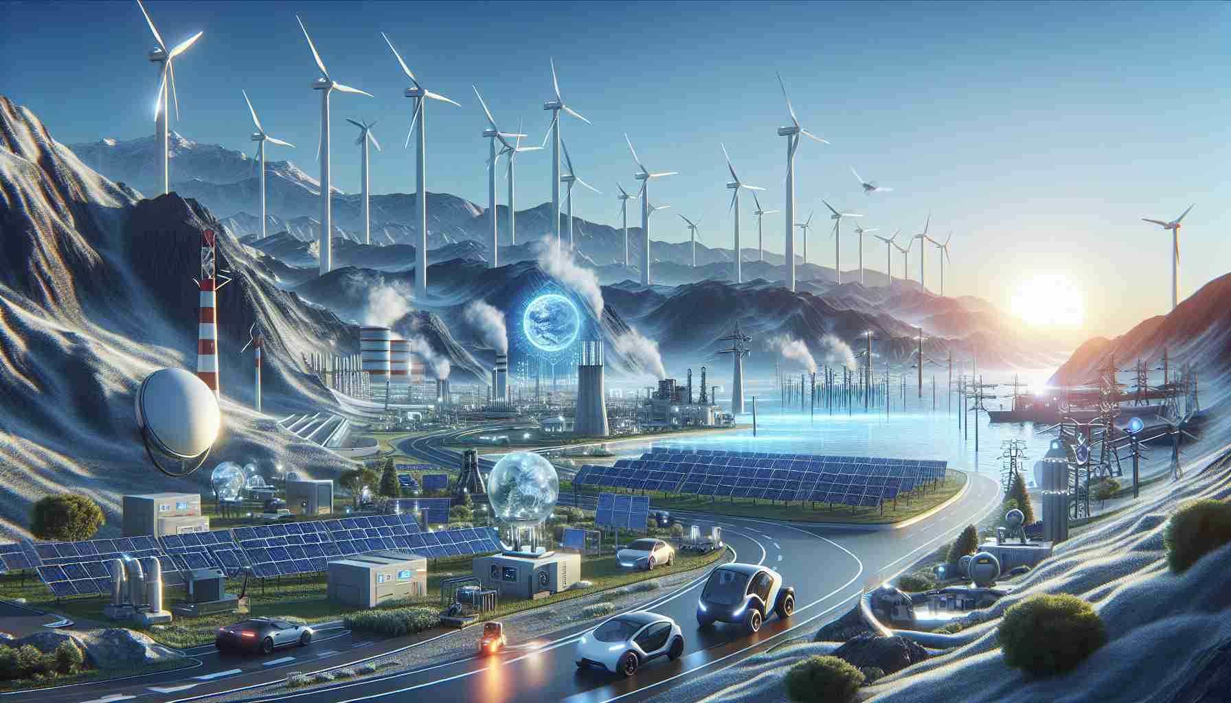 A realistic high definition image depicting the future of clean energy. The scene contains innovative and futuristic technologies such as wind turbines, solar panels, and electric vehicles. Geothermal plants and hydroelectric dams could be part of the background landscape, representing the diverse sources of renewable energy. The sky is clear, suggesting the reduction of air pollution. Advanced machines are seen meticulously working on the maintenance and improvement of these systems, symbolizing continuous progress in clean energy solutions.