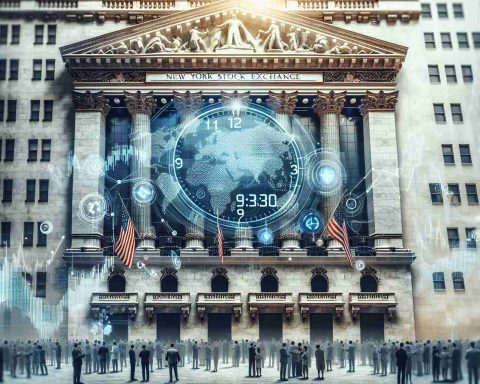 An intricate, realistic HD illustration showing the entrance of the New York Stock Exchange with a large clock displaying 9:30 AM, the time of opening. Overlay this scene with some subtle, semi-transparent infographics to express why it matters. The infographics can depict the global map indicating different time zones, a spiking stock graph, and diverse investors eagerly waiting for the market to open.