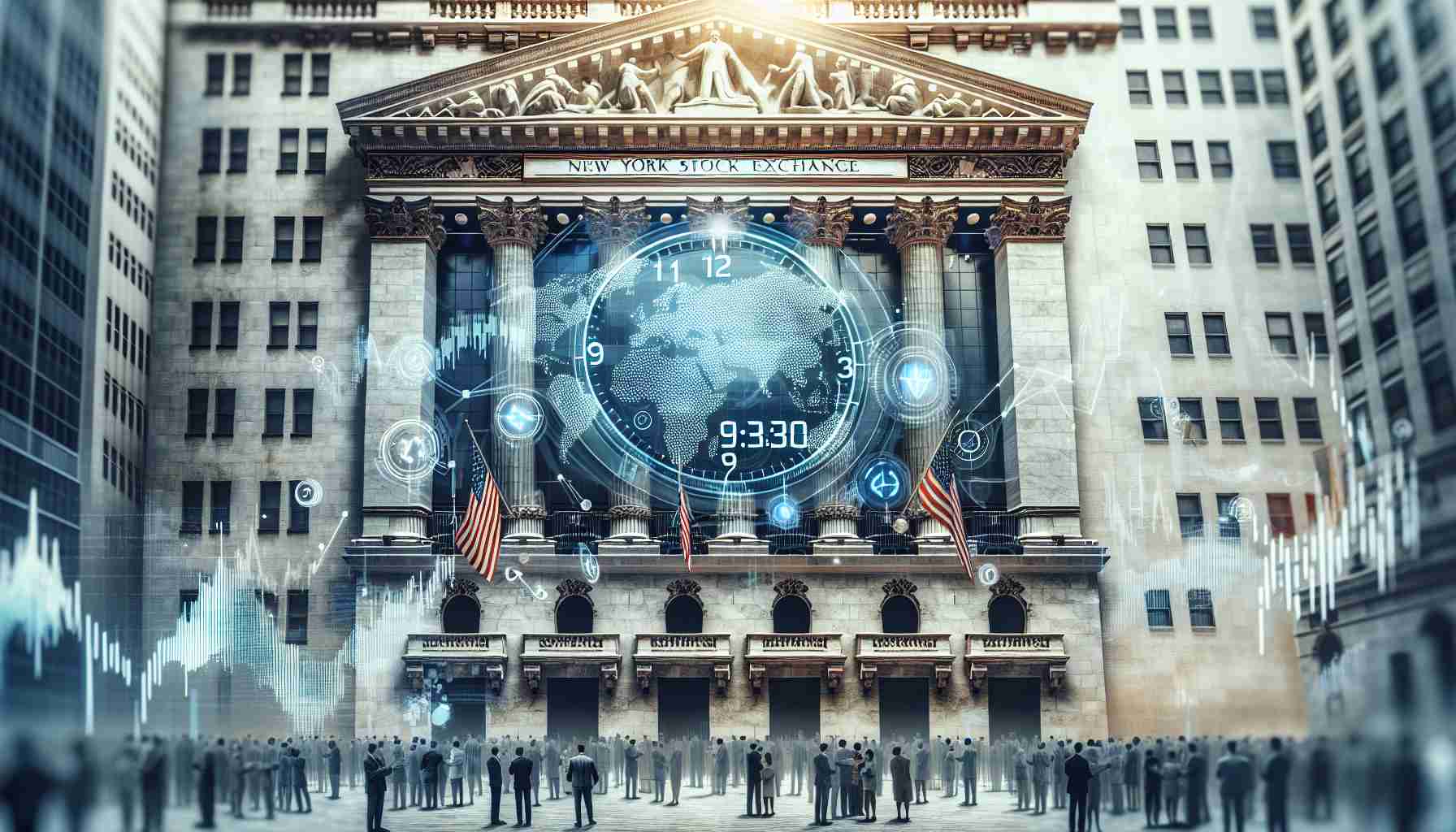 An intricate, realistic HD illustration showing the entrance of the New York Stock Exchange with a large clock displaying 9:30 AM, the time of opening. Overlay this scene with some subtle, semi-transparent infographics to express why it matters. The infographics can depict the global map indicating different time zones, a spiking stock graph, and diverse investors eagerly waiting for the market to open.