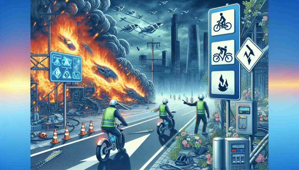 Generate a detailed high-definition image that depicts a scene related to the prevention of electric bike fires. Include visual cues such as safety equipment, instructional diagrams or symbols, and possibly appropriate regulatory signage. Please ensure the image communicates the overall importance of safety measures and adherence to regulations in preventing such incidents.