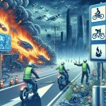 Generate a detailed high-definition image that depicts a scene related to the prevention of electric bike fires. Include visual cues such as safety equipment, instructional diagrams or symbols, and possibly appropriate regulatory signage. Please ensure the image communicates the overall importance of safety measures and adherence to regulations in preventing such incidents.