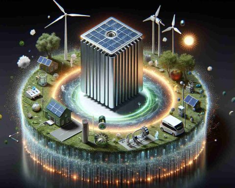 A high-definition, realistic depiction of an abstract concept. A large, innovative power cell hovering in the center of the image, surrounded by glowing particles to signify 'unlocking'. The power cell is made of recyclable materials, representing sustainability. Around the power cell, numerous aspects of sustainable living are shown - a small solar panel array, a wind turbine, an electric vehicle charging station, and a green-roofed house, all powered by this unlocked power cell. Caption: 'Unlocking the Power of Sustainable Energy Solutions: A Major Step Towards Sustainable Living.'