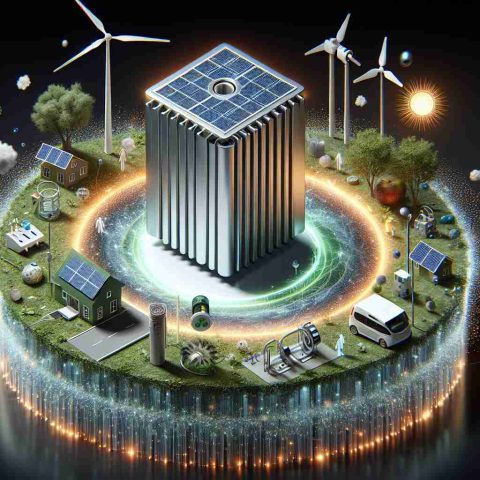 A high-definition, realistic depiction of an abstract concept. A large, innovative power cell hovering in the center of the image, surrounded by glowing particles to signify 'unlocking'. The power cell is made of recyclable materials, representing sustainability. Around the power cell, numerous aspects of sustainable living are shown - a small solar panel array, a wind turbine, an electric vehicle charging station, and a green-roofed house, all powered by this unlocked power cell. Caption: 'Unlocking the Power of Sustainable Energy Solutions: A Major Step Towards Sustainable Living.'