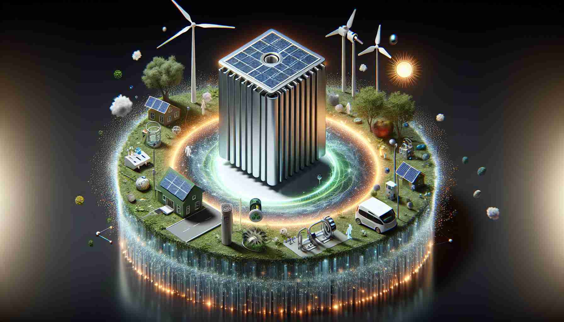 A high-definition, realistic depiction of an abstract concept. A large, innovative power cell hovering in the center of the image, surrounded by glowing particles to signify 'unlocking'. The power cell is made of recyclable materials, representing sustainability. Around the power cell, numerous aspects of sustainable living are shown - a small solar panel array, a wind turbine, an electric vehicle charging station, and a green-roofed house, all powered by this unlocked power cell. Caption: 'Unlocking the Power of Sustainable Energy Solutions: A Major Step Towards Sustainable Living.'