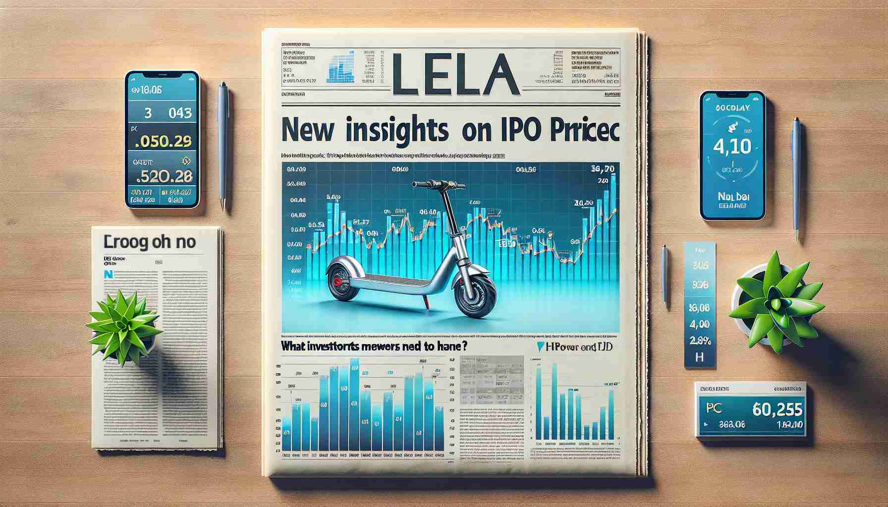 Generate a realistic HD image displaying the text 'New Insights on Ola Electric's IPO Price: What Investors Need to Know' in the form of a front-page newspaper headline, accompanied by related images such as bar graphs showing trends, stock market numbers, and maybe an electric scooter (as a symbol of the Ola Electric company).