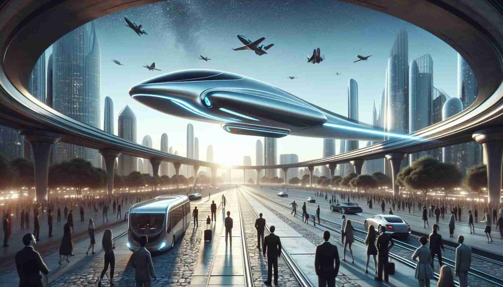 A highly detailed and photorealistic image of a futuristic mode of transport yet unrealized in the present day. A sleek, cutting-edge vehicle hovers above the ground, utilizing advanced technology for locomotion. It could be a high-speed maglev vehicle or a personal flying car. There should be a sense of excitement and an atmosphere of embracing this innovative mode of transport. Around, people of various descents and genders express their enthusiasm at the sight of this new, sustainable means of travel. The scene could be set either during the day with a clear, blue sky or in the night under a starlit sky.