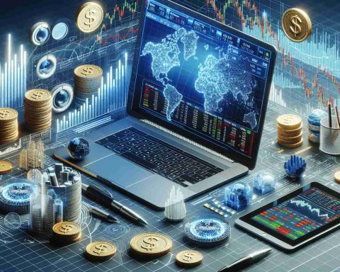 A high-definition, realistic image of a visual representation of investing in the stock exchange of Pakistan. The image includes visual elements such as graphs, stocks, coins, and potentially a computer displaying stock exchange data.