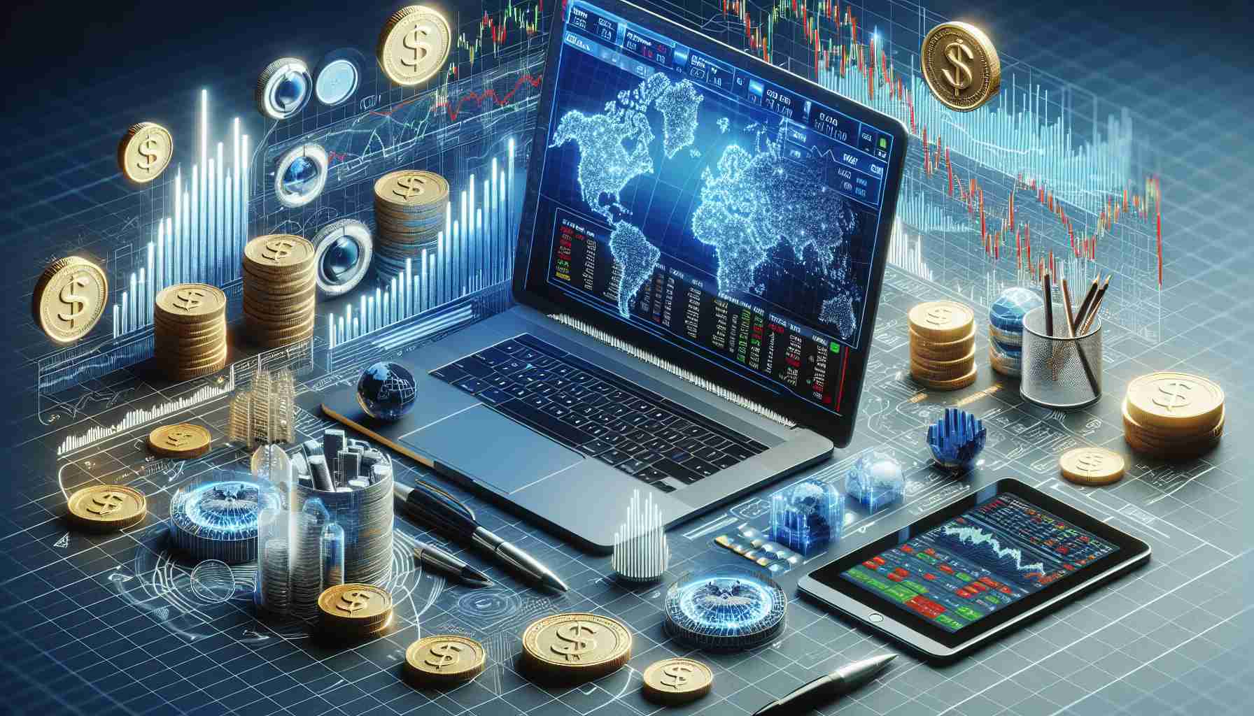 A high-definition, realistic image of a visual representation of investing in the stock exchange of Pakistan. The image includes visual elements such as graphs, stocks, coins, and potentially a computer displaying stock exchange data.