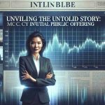 Generate a realistic, high-definition image depicting a newspaper or digital article headline that reads, 'Unveiling the Untold Story: Market Debut of a Textile Company's Initial Public Offering'. Accompany this headline with an image of a confident businesswoman of South Asian descent in a formal suit, standing in front of a stock market chart showing an upward trend. The overall atmosphere of the image should reflect a moment of triumph and accomplishment.