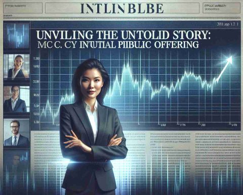 Generate a realistic, high-definition image depicting a newspaper or digital article headline that reads, 'Unveiling the Untold Story: Market Debut of a Textile Company's Initial Public Offering'. Accompany this headline with an image of a confident businesswoman of South Asian descent in a formal suit, standing in front of a stock market chart showing an upward trend. The overall atmosphere of the image should reflect a moment of triumph and accomplishment.