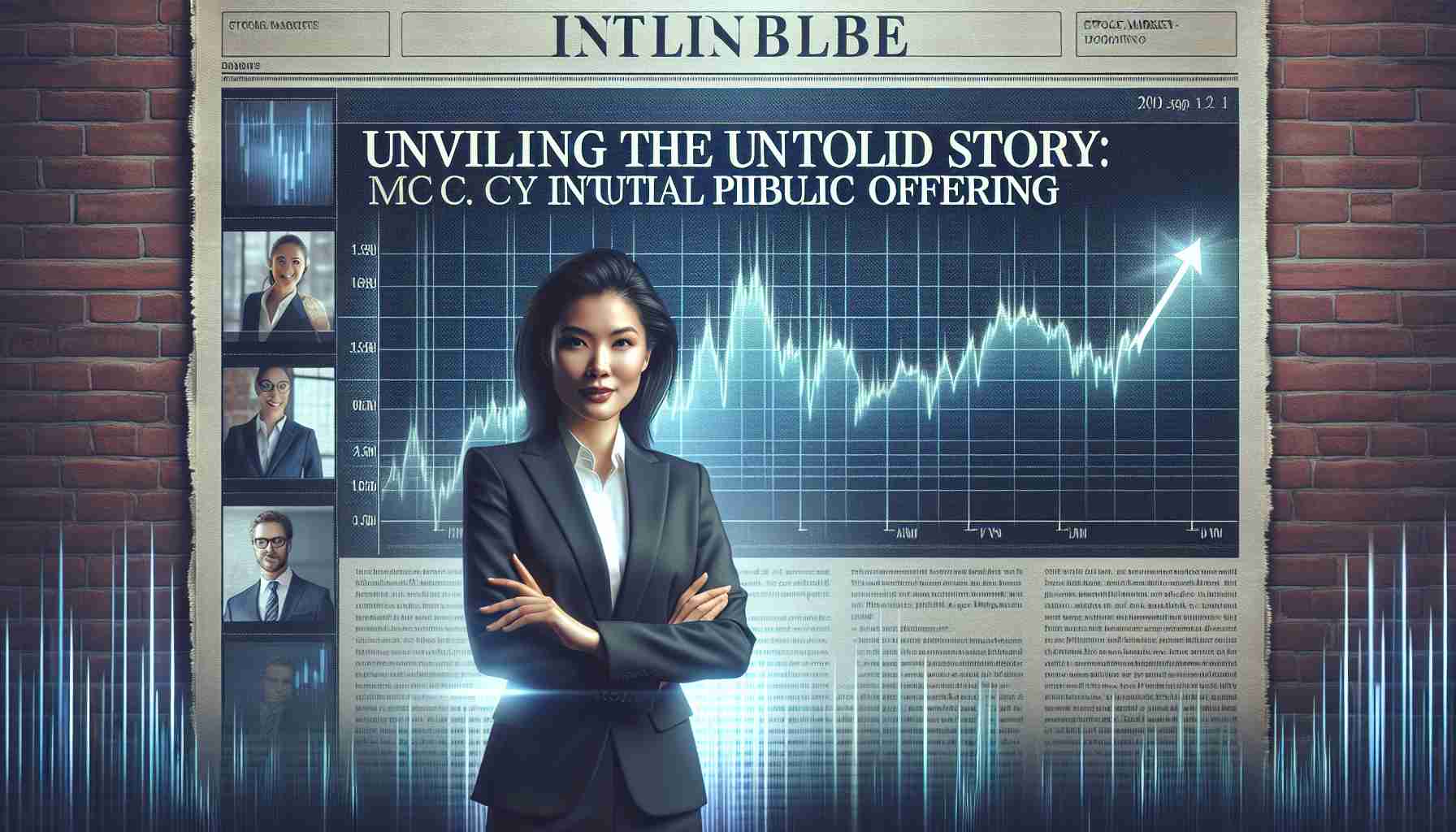 Generate a realistic, high-definition image depicting a newspaper or digital article headline that reads, 'Unveiling the Untold Story: Market Debut of a Textile Company's Initial Public Offering'. Accompany this headline with an image of a confident businesswoman of South Asian descent in a formal suit, standing in front of a stock market chart showing an upward trend. The overall atmosphere of the image should reflect a moment of triumph and accomplishment.