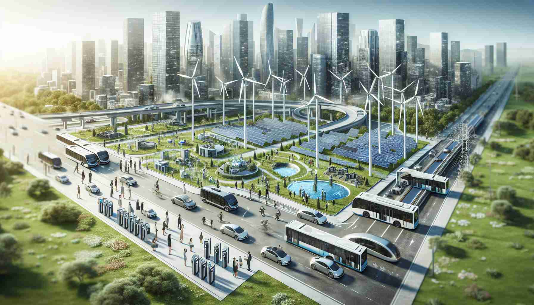 Generate a realistic high-definition picture that represents the exploration of the future of sustainable energy. The image should prominently feature multiple forms of renewable energy sources such as solar panels, wind turbines, and hydroelectric dams being used in a modern city landscape. Show commute vehicles powered by electricity and charging stations distributed in the city for electric cars. Include individuals of diverse descents and genders, such as Hispanic women and Middle-Eastern men, working on and interacting with these sustainable technologies. The image should also contain skyscrapers with integrated green spaces and rooftop gardens, symbolizing a blending of urban development and nature.