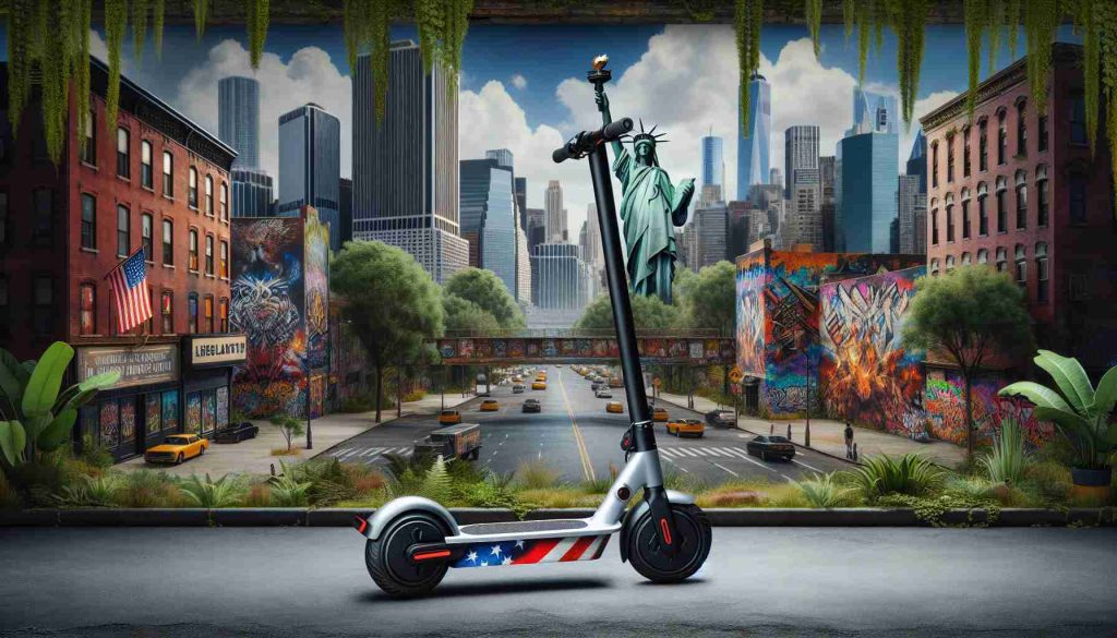 Generate a realistic HD photograph of an urban jungle scene with an e-scooter in the foreground. The e-scooter should have a design that screams liberty, possibly with iconic symbols like stars and stripes or a statue of liberty icon. The backdrop should showcase a thriving city with towering buildings, bustling streets, trees sporadically placed, and graffiti murals. The overall setting should give a sense of exploration and adventure in the heart of the city.