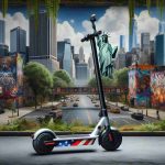 Generate a realistic HD photograph of an urban jungle scene with an e-scooter in the foreground. The e-scooter should have a design that screams liberty, possibly with iconic symbols like stars and stripes or a statue of liberty icon. The backdrop should showcase a thriving city with towering buildings, bustling streets, trees sporadically placed, and graffiti murals. The overall setting should give a sense of exploration and adventure in the heart of the city.