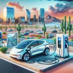 A detailed, high-definition image showcasing the development of electric vehicle infrastructure in Arizona. The scenery should depict various charging stations set in different environments - one in an urban city setting with modern architecture, another in a more rural desert-like area. Also, include a few electric cars plugged into these stations, displaying the interaction between vehicles and the infrastructure. Lastly, consider the vibrant Arizona sky and background comprising of cacti and mountains for an authentic touch.