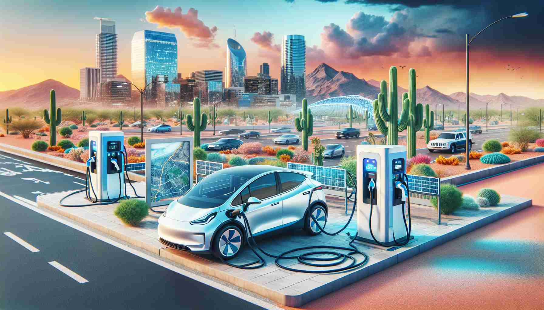 A detailed, high-definition image showcasing the development of electric vehicle infrastructure in Arizona. The scenery should depict various charging stations set in different environments - one in an urban city setting with modern architecture, another in a more rural desert-like area. Also, include a few electric cars plugged into these stations, displaying the interaction between vehicles and the infrastructure. Lastly, consider the vibrant Arizona sky and background comprising of cacti and mountains for an authentic touch.