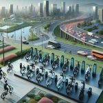 A high-definition, realistic image showcasing the rise of sustainable transportation. The center of the scene is occupied by modern electric bikes of various designs and colors, parked in a neat row. Each bike is sleek, with a digital display showing the battery life and a compartment for the electric motor. In the background, there is a cityscape with green spaces, cycling paths, and solar energy panels. Occasionally, cyclists of various descents and genders are riding these electric bikes, epitomizing the wave of sustainable travel.