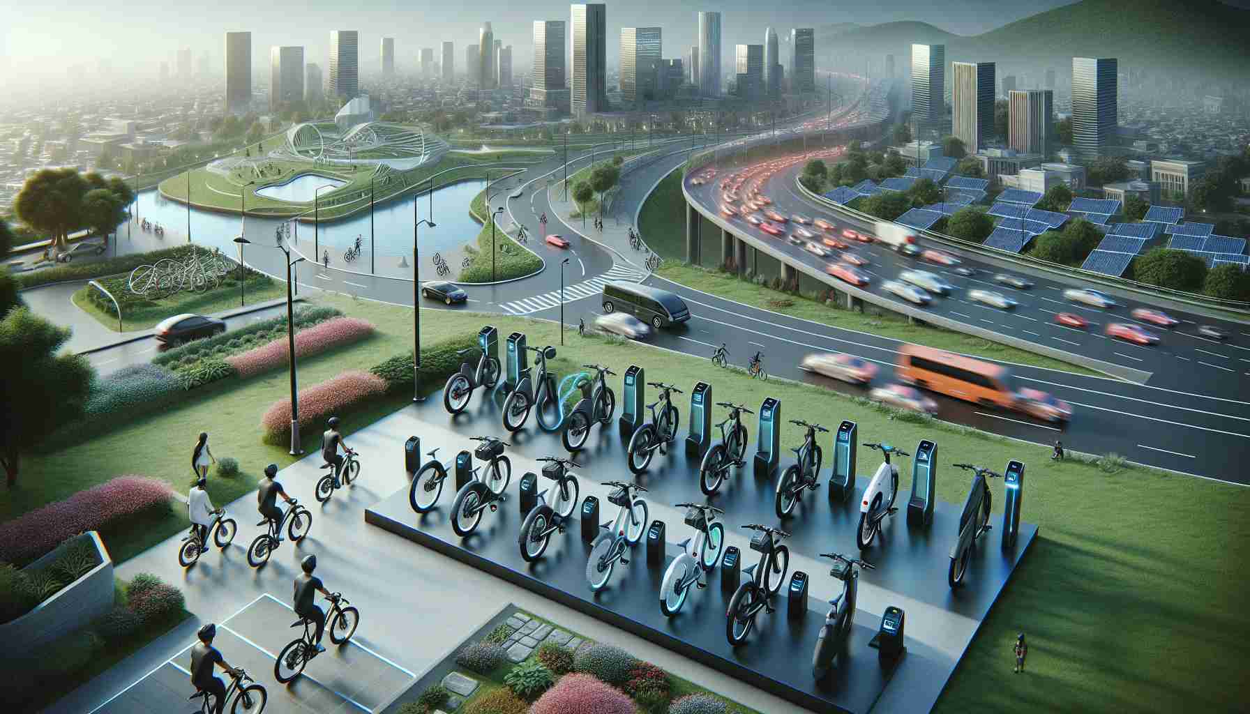 A high-definition, realistic image showcasing the rise of sustainable transportation. The center of the scene is occupied by modern electric bikes of various designs and colors, parked in a neat row. Each bike is sleek, with a digital display showing the battery life and a compartment for the electric motor. In the background, there is a cityscape with green spaces, cycling paths, and solar energy panels. Occasionally, cyclists of various descents and genders are riding these electric bikes, epitomizing the wave of sustainable travel.