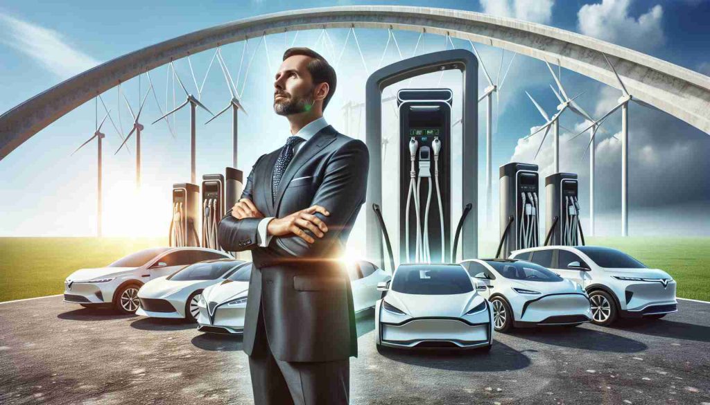 Create a highly detailed, realistic image of an inspiring, averagely built man with no discernible physical features, standing confidently at the forefront of a revolution in electric fleet transportation. Behind him, visualize an array of sophisticated electric vehicles of various designs ready for service, charging stations, and advanced infrastructure. The man displays leadership, resolving to pioneer a sustainable future. A bright, hopeful sky arches above the scene, symbolizing a new age of clean Energy in transportation.