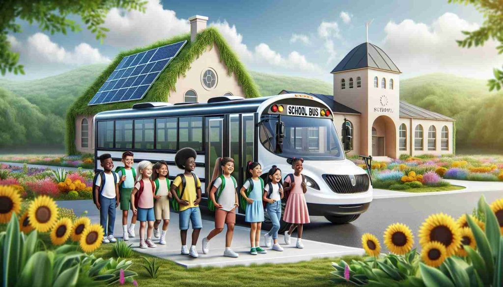 Create a high definition realistic image that represents new possibilities in eco-friendly school transportation. It could feature an innovative school bus design powered by renewable energy, such as solar or electric power, alongside children of diverse descents like Caucasian, Hispanic, Black, Middle-Eastern, and South Asian happily awaiting their ride. Surrounding them is a scene of lush greenery, highlighting the clean, pollution-free environment that this new system fosters. The background could have a school building, fitting well within the eco-friendly theme with design elements like green roofs, solar panels, and multi-use spaces.