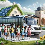 Create a high definition realistic image that represents new possibilities in eco-friendly school transportation. It could feature an innovative school bus design powered by renewable energy, such as solar or electric power, alongside children of diverse descents like Caucasian, Hispanic, Black, Middle-Eastern, and South Asian happily awaiting their ride. Surrounding them is a scene of lush greenery, highlighting the clean, pollution-free environment that this new system fosters. The background could have a school building, fitting well within the eco-friendly theme with design elements like green roofs, solar panels, and multi-use spaces.