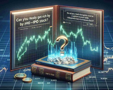 A realistic, high-definition image of a question mark embedded within a stock market chart, representing the question 'Can You Really Get Rich by Buying Pre-IPO Stock?' Also, include a visual representation signifying 'Here's How', perhaps a guidebook or a roadmap towards a treasure chest.