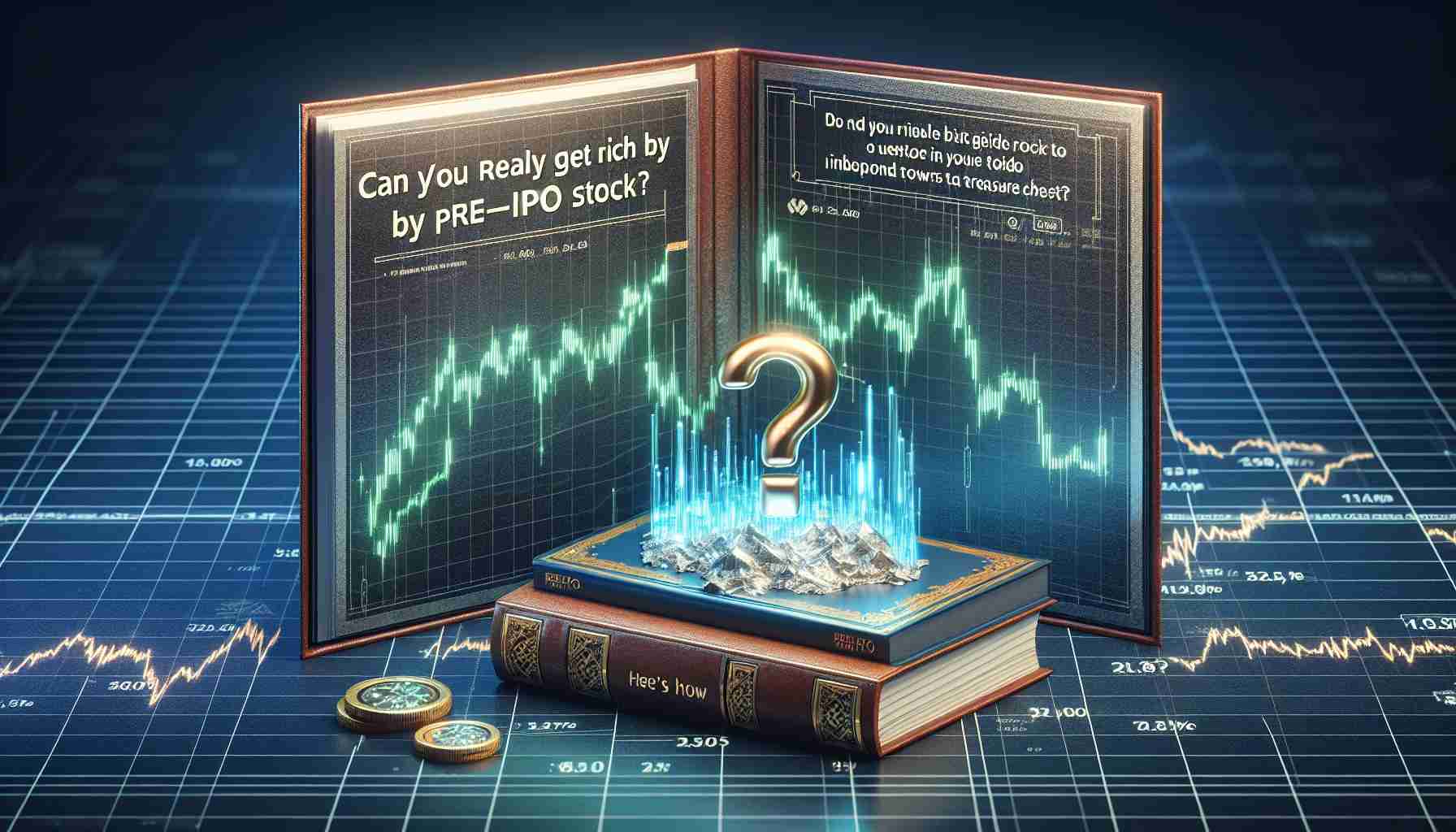 A realistic, high-definition image of a question mark embedded within a stock market chart, representing the question 'Can You Really Get Rich by Buying Pre-IPO Stock?' Also, include a visual representation signifying 'Here's How', perhaps a guidebook or a roadmap towards a treasure chest.