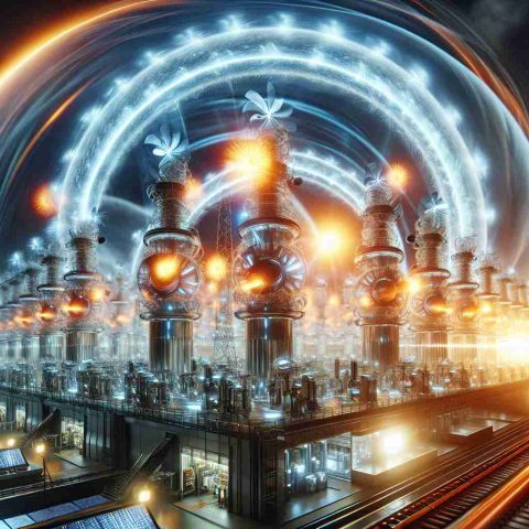 A high-resolution, realistic illustration of a new energy breakthrough that is revolutionizing the power industry. Picture a large, innovative power station glowing with dynamic energy. The station is filled with multidimensional energy converters, futuristic machines capturing sunlight or wind, converting them into electricity. The scene is electrifying, symbolizing a new era in the power industry.