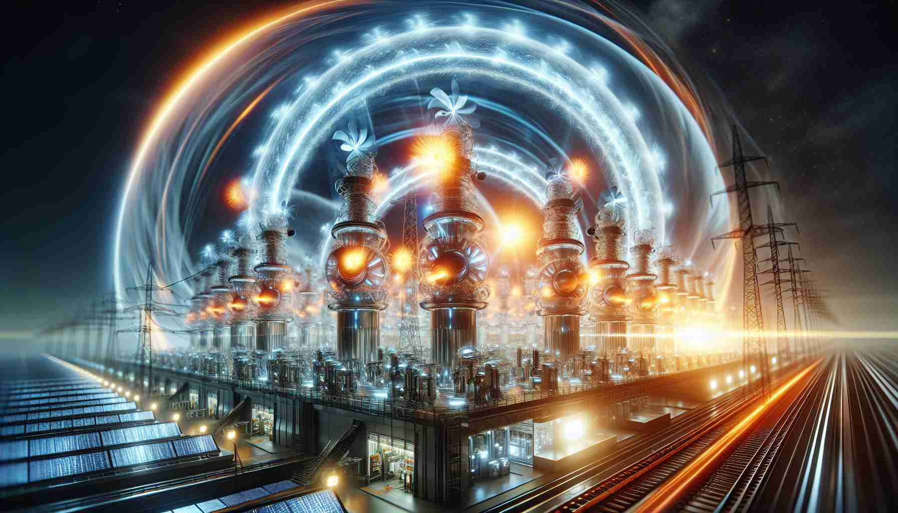 A high-resolution, realistic illustration of a new energy breakthrough that is revolutionizing the power industry. Picture a large, innovative power station glowing with dynamic energy. The station is filled with multidimensional energy converters, futuristic machines capturing sunlight or wind, converting them into electricity. The scene is electrifying, symbolizing a new era in the power industry.