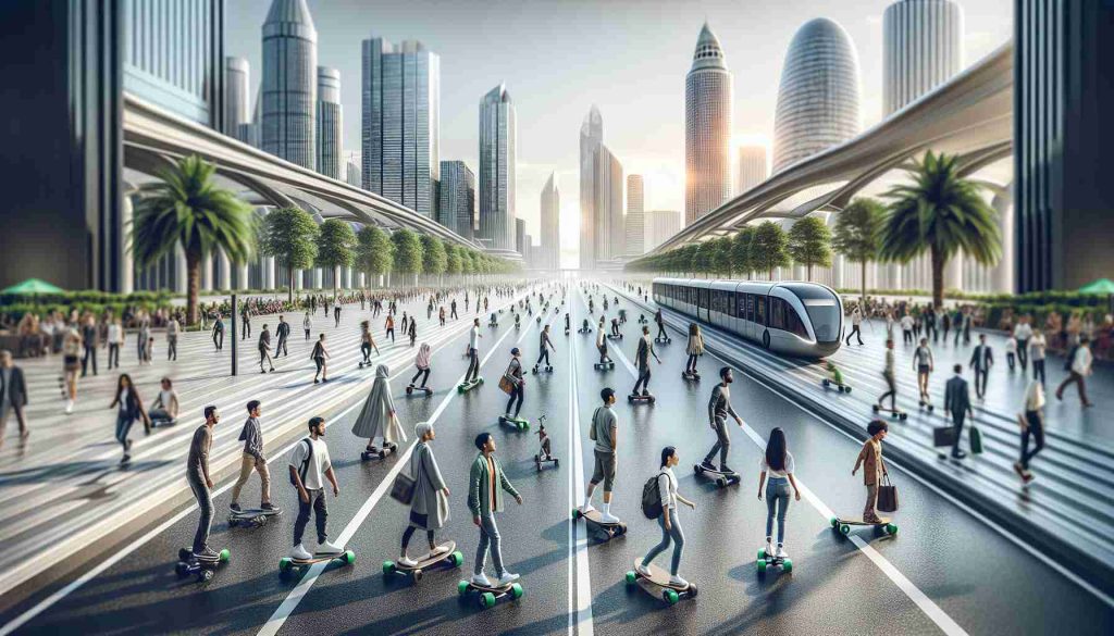 An extremely high-definition and lifelike image encapsulating the rise of modern, green innovation through mobility tools. Depict a clean urban landscape bustling with diverse individuals using electric skateboards. Show men and women of various descents, such as Caucasian, Hispanic, Black, Middle-Eastern, and South Asian, actively gliding through the city smoothly as they go about their day. The electric skateboards should be futuristic and sleek, highlighting the advanced technology behind them. Show buildings powered by renewable energy in the backdrop to emphasize the eco-friendly essence and progressive atmosphere.