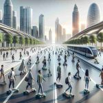 An extremely high-definition and lifelike image encapsulating the rise of modern, green innovation through mobility tools. Depict a clean urban landscape bustling with diverse individuals using electric skateboards. Show men and women of various descents, such as Caucasian, Hispanic, Black, Middle-Eastern, and South Asian, actively gliding through the city smoothly as they go about their day. The electric skateboards should be futuristic and sleek, highlighting the advanced technology behind them. Show buildings powered by renewable energy in the backdrop to emphasize the eco-friendly essence and progressive atmosphere.