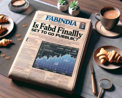 Realistic HD illustration of a newspaper headline 'Is Fabindia Finally Set to Go Public?' with an accompanying article discussing the potential implications for the Indian retail giant. The page could also include a corporate logo and stock market graphs to complement the theme. The setting is in a sophisticated ambiance like a coffee shop with the newspaper folded on a table next to a cup of chai and a plate of samosas.