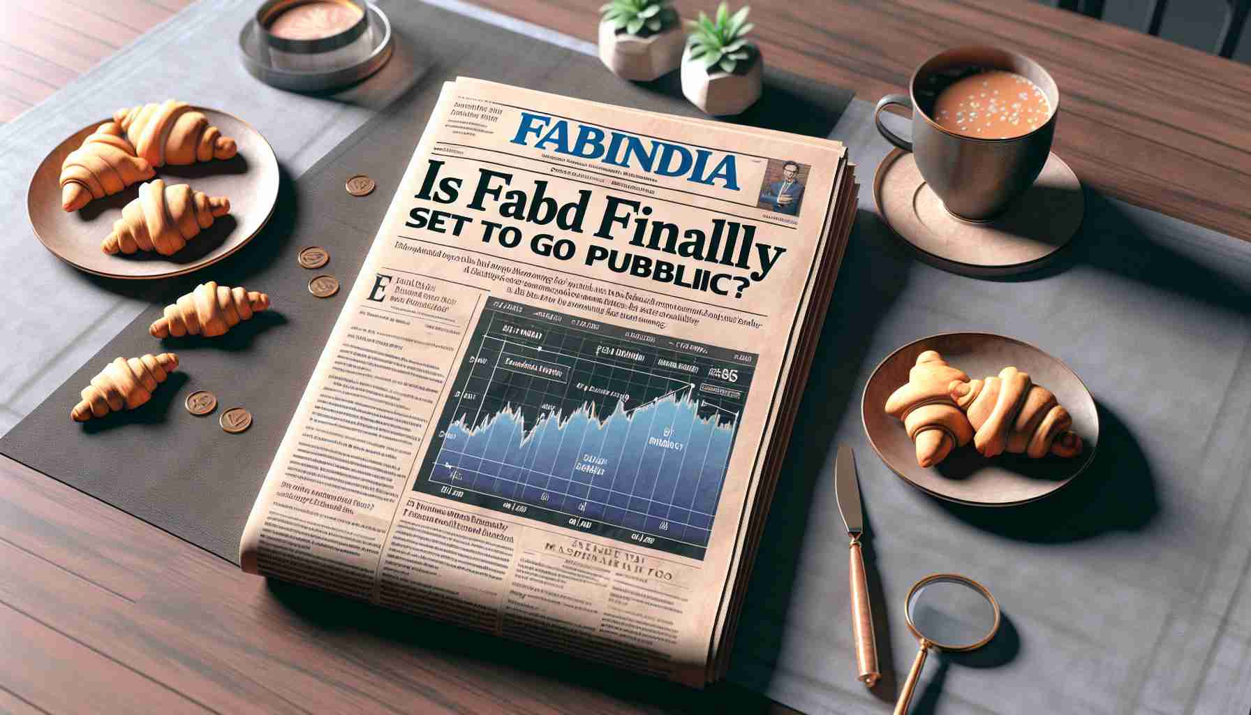 Realistic HD illustration of a newspaper headline 'Is Fabindia Finally Set to Go Public?' with an accompanying article discussing the potential implications for the Indian retail giant. The page could also include a corporate logo and stock market graphs to complement the theme. The setting is in a sophisticated ambiance like a coffee shop with the newspaper folded on a table next to a cup of chai and a plate of samosas.