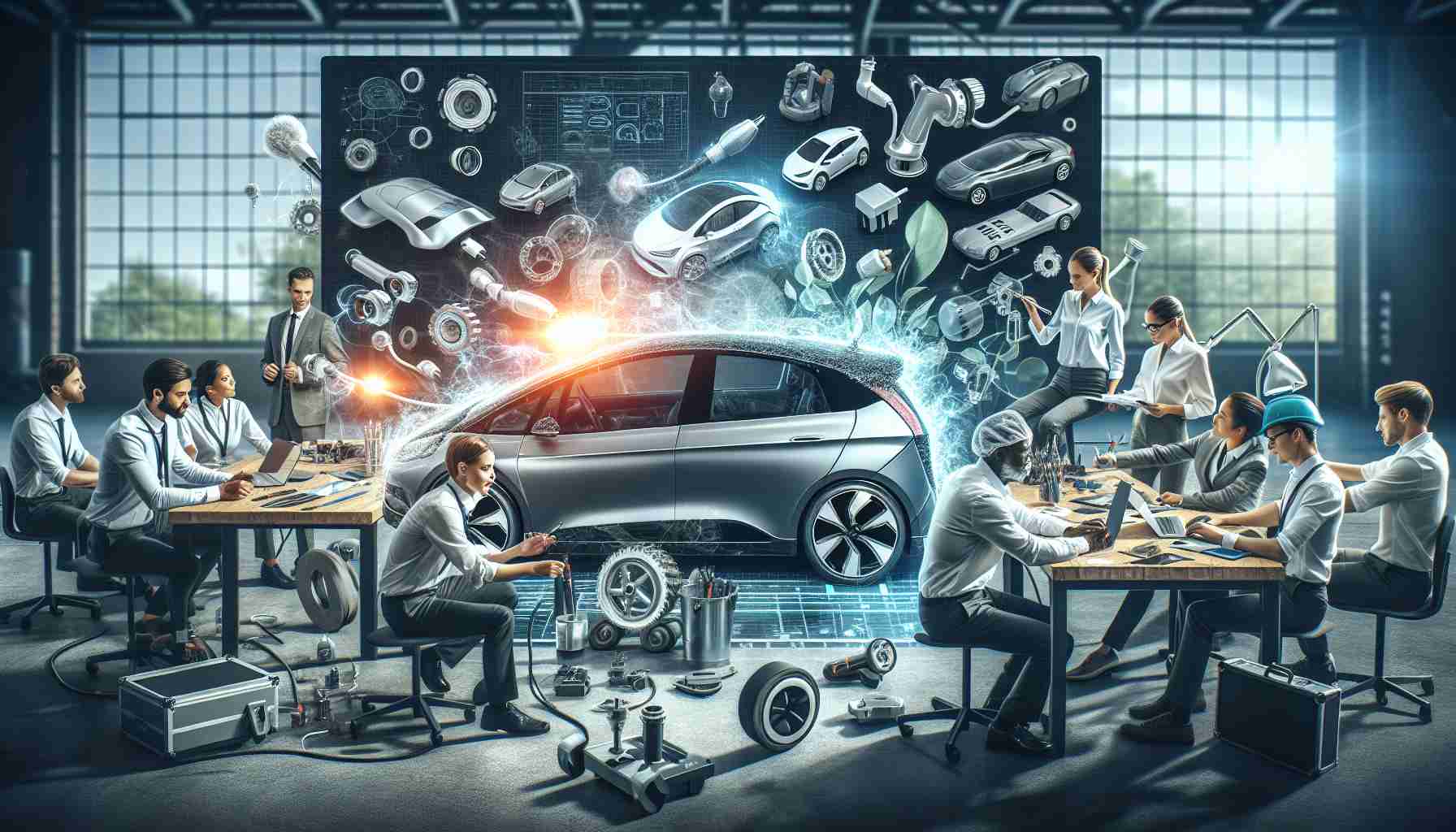 Create a realistic, high-definition image showing the exploration of innovative solutions in electric mobility. Picture advanced technology, such as cutting-edge electric vehicles or superior charging solutions, along with designing, experimenting, and testing components. The scene should be filled with engineers of varied descents including Caucasian, Black and Asian, both males and females, working together, indicating inclusivity and diversity. Infuse energy and dynamism into the image, highlighting the exciting frontier of sustainable transport solutions.