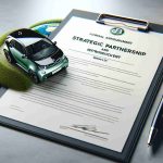 High definition, photorealistic rendering of a formal announcement for a strategic partnership and introduction of green initiatives by an automobile company named 'JBM Auto Ltd'. The image features a formal document with the company logo, the title of the announcement and text about the partnership and the eco-friendly practices being introduced. In the background, include a blurred image of a sleek, eco-friendly vehicle from the company.