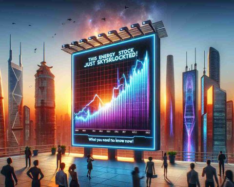 A High Definition photo depicting a futuristic city skyline at sundown with skyscrapers painted in the hues of the setting sun. In the foreground, a cleverly designed billboard is made to look like a stock graph, indicating a sudden steep upward trend. The graph line is illuminated and stands out against the surrounding structures. In bold, eye-catching letters, the billboard displays the text 'This Energy Stock Just Skyrocketed! What You Need to Know Now'. People of various descent and genders look up at the billboard, representing the diverse shareholders globally.