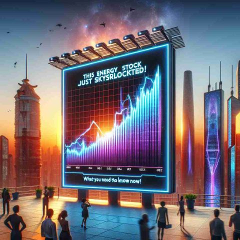 A High Definition photo depicting a futuristic city skyline at sundown with skyscrapers painted in the hues of the setting sun. In the foreground, a cleverly designed billboard is made to look like a stock graph, indicating a sudden steep upward trend. The graph line is illuminated and stands out against the surrounding structures. In bold, eye-catching letters, the billboard displays the text 'This Energy Stock Just Skyrocketed! What You Need to Know Now'. People of various descent and genders look up at the billboard, representing the diverse shareholders globally.